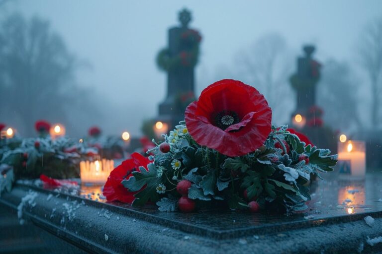 Champ de coquelicots et monument commémoratif avec casque militaire honorant les victimes de la guerre chimique lors de la journée du souvenir
