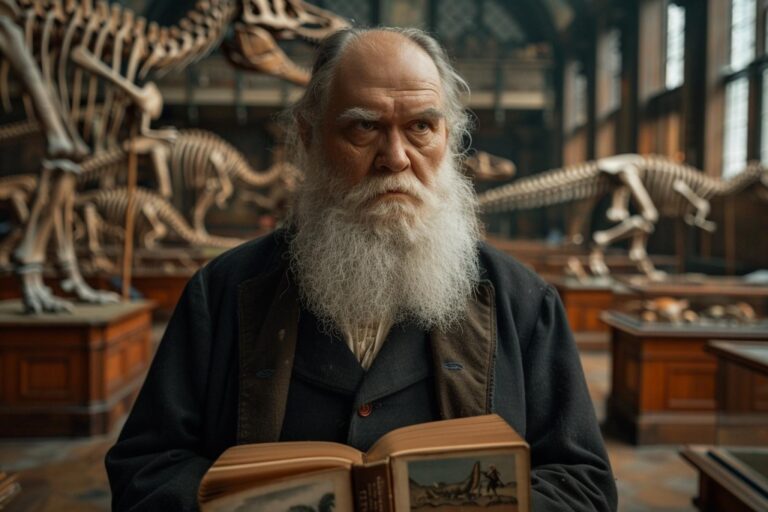 Bureau victorien à l'ambiance historique avec le portrait de Charles Darwin