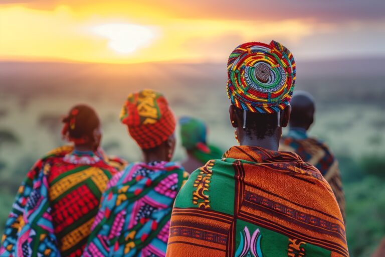 Journée mondiale de l'Afrique illustrée par une réunion joyeuse de personnes en tenues traditionnelles africaines autour d'un baobab
