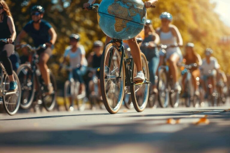 Groupe de cyclistes diversifiés célébrant la Journée mondiale de la bicyclette sur une piste cyclable bordée d'arbres en fleurs