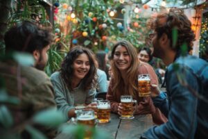 Groupe d'amis multiculturels célébrant la Journée mondiale de la bière dans un jardin de brasserie