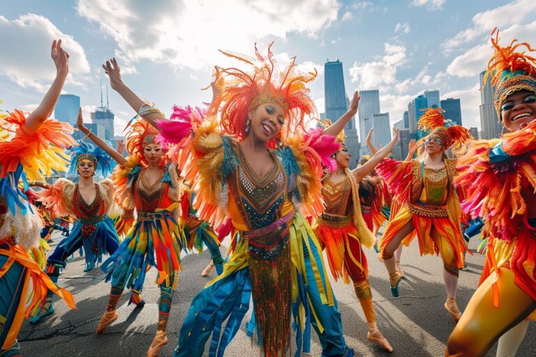 Danseurs en costumes traditionnels célébrant la Journée mondiale de la danse avec des pas de danse uniques sur une place publique