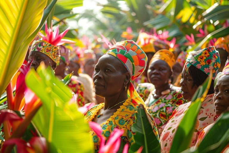 Célébration de la Journée mondiale de la langue et de la culture créoles avec des personnes en costumes traditionnels créoles dansant dans une rue historique