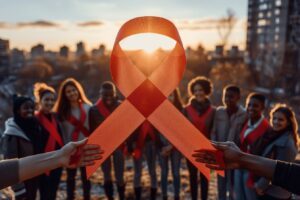 Mains multiculturelles formant un ruban rouge pour la Journée mondiale de la lutte contre le SIDA
