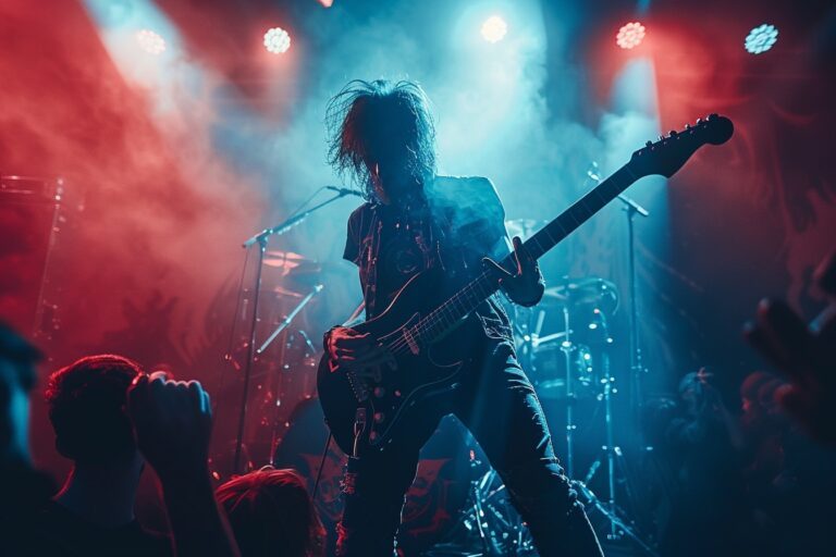 Groupe de musiciens en tenues de cuir et clous jouant énergiquement sur scène avec des guitares électriques élaborées et batterie imposante sous un éclairage laser rouge et bleu lors de la Journée mondiale de la Musique Metal.