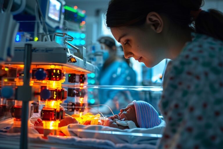 Nouveau-né prématuré tenant le doigt d'un adulte en unité néonatale