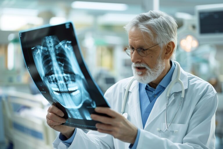 Radiologue examinant attentivement des radiographies dans une salle d'imagerie médicale moderne pour la Journée mondiale de la radiologie.
