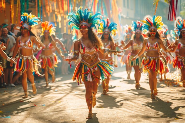 Danseurs en costumes de carnaval colorés exécutent la samba lors de la Journée mondiale de la Samba à Rio de Janeiro avec le Pain de Sucre en arrière-plan