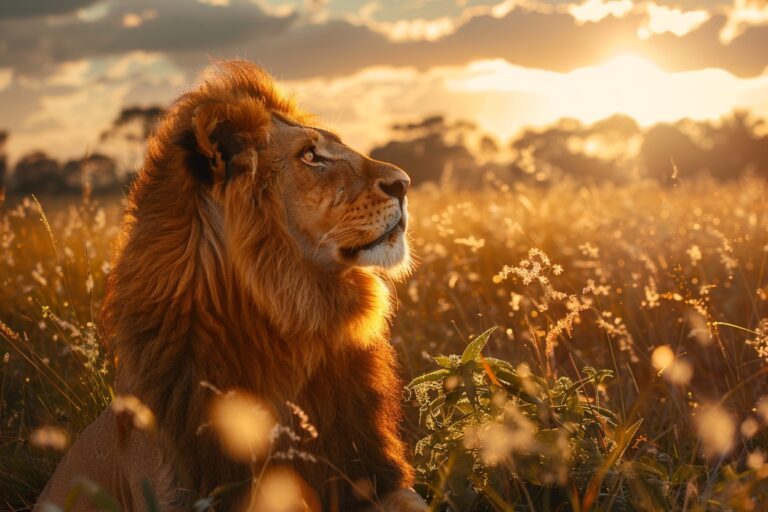 Un panorama de faune sauvage au coucher de soleil avec une famille de lions au premier plan