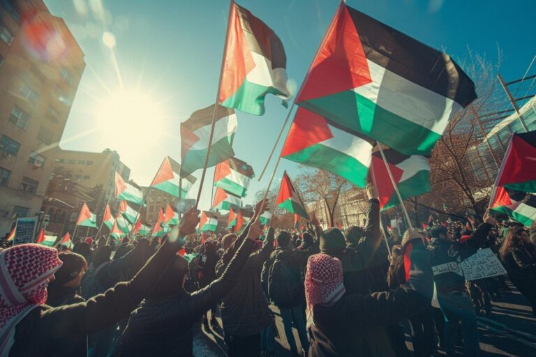 Des personnes de divers âges et origines tenant des bougies formant un cercle de solidarité lors de la Journée mondiale de solidarité avec le peuple palestinien