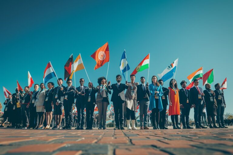 Délégués internationaux autour d'une table ovale avec insignes nationaux et un globe lumineux évoquant l'unité mondiale lors de la Journée mondiale des délégués.