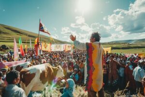 Groupe multiculturel de paysans célébrant la Journée mondiale des luttes paysannes en plantant des drapeaux de solidarité dans un champ