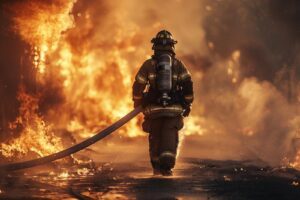 Illustration d'un pompier en tenue combattant un feu avec un tuyau