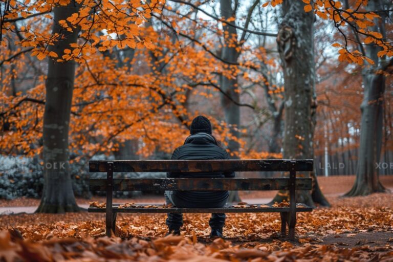 Personne seule assise sur un banc dans un parc en automne pour illustrer la Journée Mondiale des Solitudes