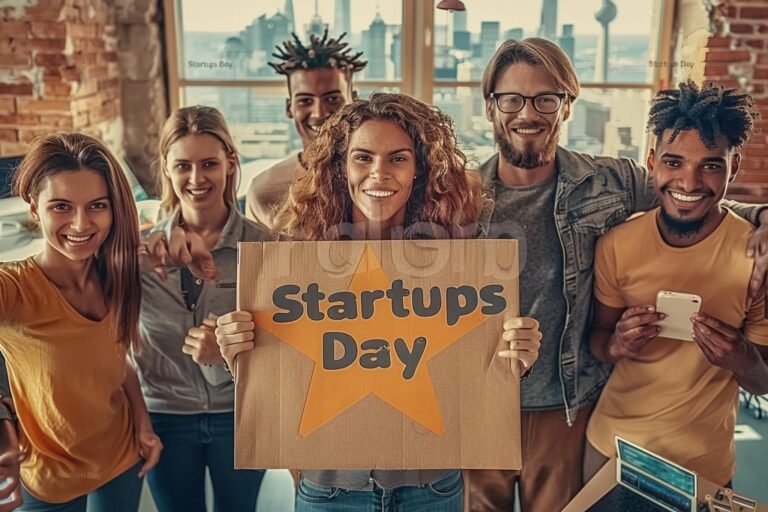 Jeunes entrepreneurs diversifiés tenant des gadgets devant une affiche "Journée Mondiale des Startups" dans un espace de coworking pour célébrer le Startups Day.