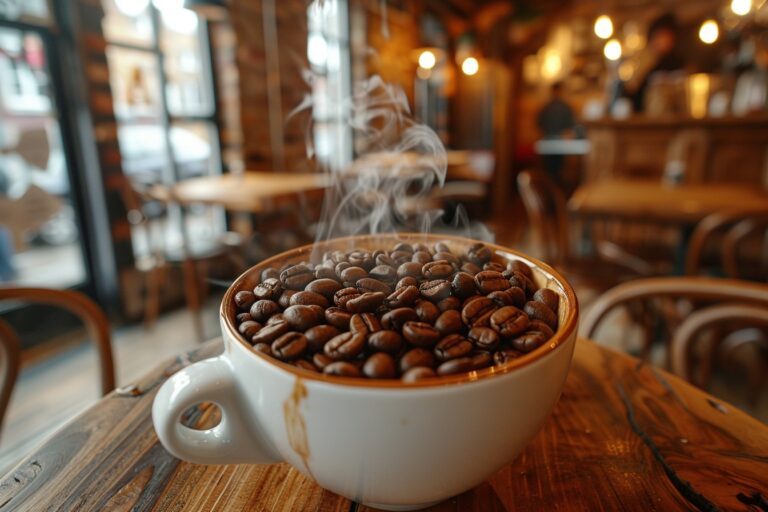 Tasse de café artisanal fumant avec grains de café et presse française en verre sur table en bois