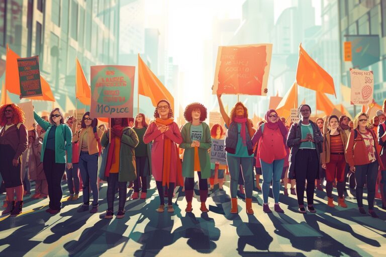Un groupe de femmes diverses célébrant la Journée mondiale du droit à l'avortement avec des banderoles et des ballons dans une ville cosmopolite sous un soleil en forme de symbole de Vénus.