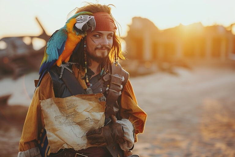 Image d'un pirate charismatique avec bandeau sur l’œil et jambe en bois sur un navire à voiles avec équipage