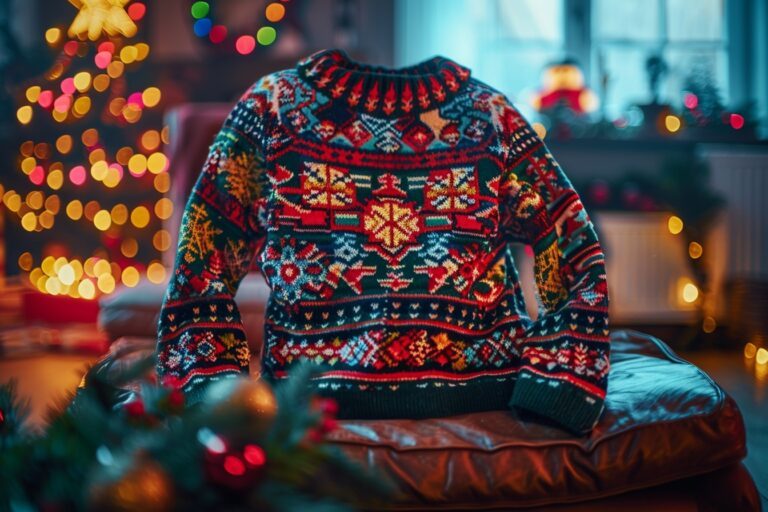 Groupe familial souriant en pulls de Noël moches décorés de rennes et de motifs festifs pour célébrer la Journée mondiale du pull de Noël dans un salon festif.