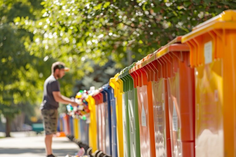 Des personnes de divers âges et ethnies participent activement au recyclage dans un parc urbain