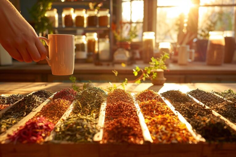 Service à thé vintage avec théière en porcelaine fumante et feuilles de thé éparpillées sur une table boisée pour la Journée mondiale du thé.