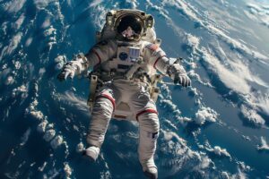 Astronaute en apesanteur dans l'ISS avec la Terre vue par le hublot pour la Journée mondiale du vol spatial habité.