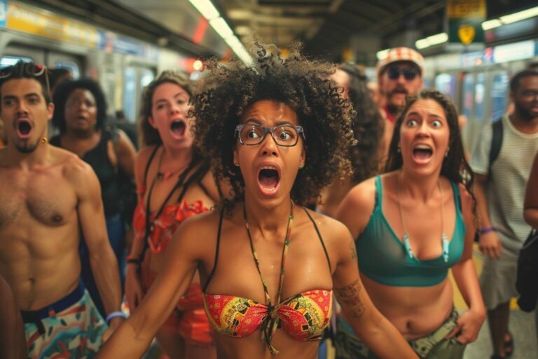 Groupe de personnes souriantes célébrant la Journée mondiale sans pantalon dans un parc urbain portant des boxers et des shorts colorés avec des affiches amusantes