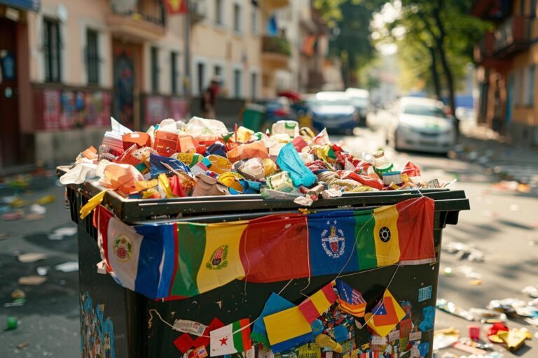 Centre-ville animé pendant la Journée Nationale de la Poubelle avec citoyens en gants et t-shirts verts nettoyant et triant les déchets