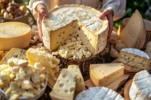 Table rustique avec fromages français comme Brie et Camembert