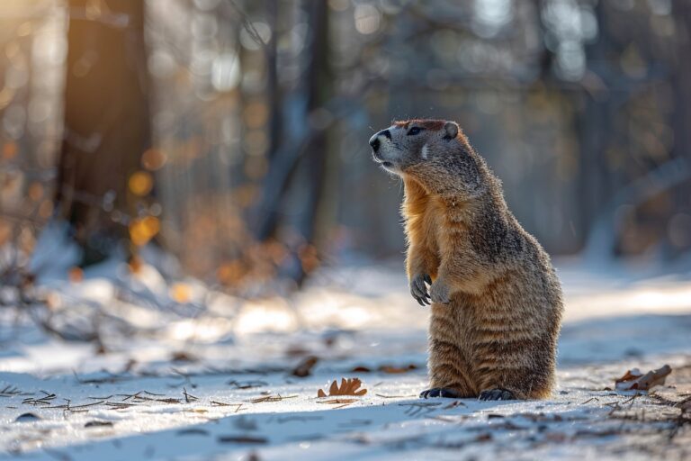 Marmotte curieuse émergeant de son terrier dans une forêt hivernale enneigée