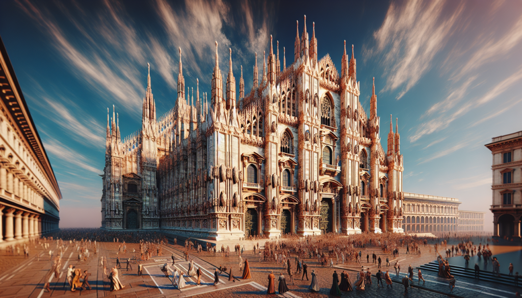 Monument en D, Duomo di Milano : architecture gothique détaillée, vie moderne devant la cathédrale historique.