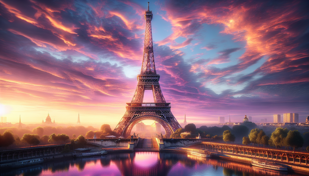 Monument en E au lever du soleil à Paris.