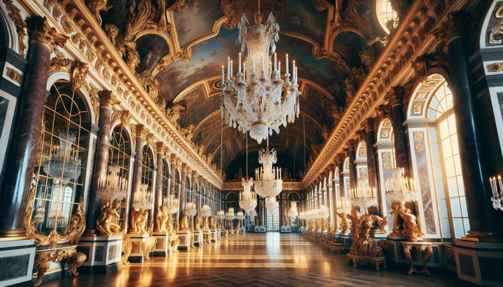 Monument historique "Hall of Mirrors" à Versailles sous la lumière dorée.