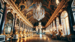 Monument historique "Hall of Mirrors" à Versailles sous la lumière dorée.
