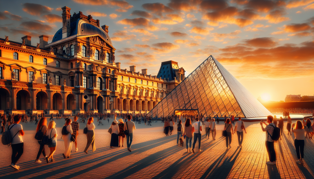 Monument en L majestueux au coucher du soleil devant le Louvre, sa pyramide de verre reflétant les teintes dorées du ciel.