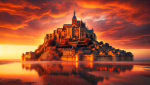 Monument en M - Abbaye du Mont Saint-Michel au coucher du soleil.
