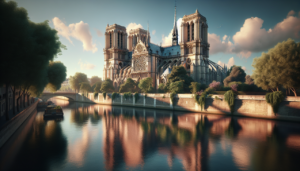 Monument en N sous la lumière du matin avec la Seine reflétant la façade gothique de Notre-Dame de Paris.