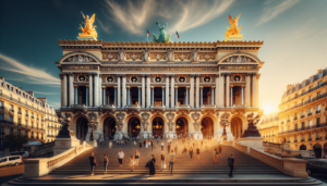 Statue Beaux-Arts à la lumière dorée devant l'Opéra Garnier, escalier en marbre, ciel bleu.