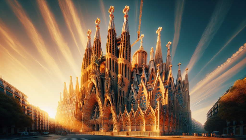 Monument en S photo Sagrada Familia coucher de soleil doré avec façades en détail, hautes flèches et ombres.
