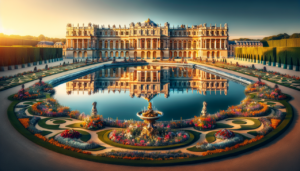Monument en V à Versailles, majestueux reflet des jardins, architecture grandiose, détails dorés.