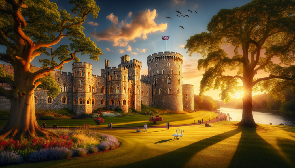 Monument mythique, Windsor Castle, coucher de soleil doré, tours, drapeau britannique, jardins fleuris.