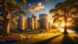 Monument mythique, Windsor Castle, coucher de soleil doré, tours, drapeau britannique, jardins fleuris.
