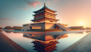 Monument ancien chinois baigné de lumière dorée au lever du soleil à Xi'an.