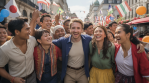 Scène réaliste de personnes de différentes cultures célébrant leurs fêtes nationales ensemble sur une place animée, avec des tenues traditionnelles, des drapeaux et une lumière naturelle vivante.