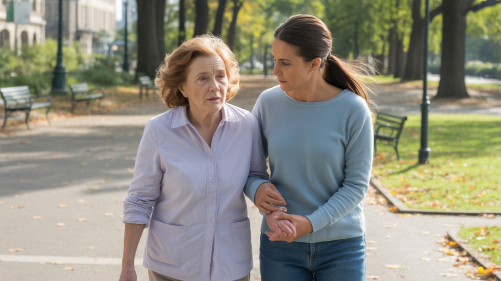 Scène réaliste d’une femme âgée atteinte d’Alzheimer marchant dans un parc avec sa fille un jour de début d’automne.