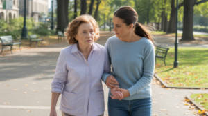 Scène réaliste d’une femme âgée atteinte d’Alzheimer marchant dans un parc avec sa fille un jour de début d’automne.