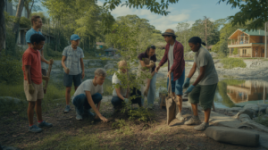 Scène réaliste de bénévoles plantant des arbres près d’une rivière dans un cadre naturel vivant.