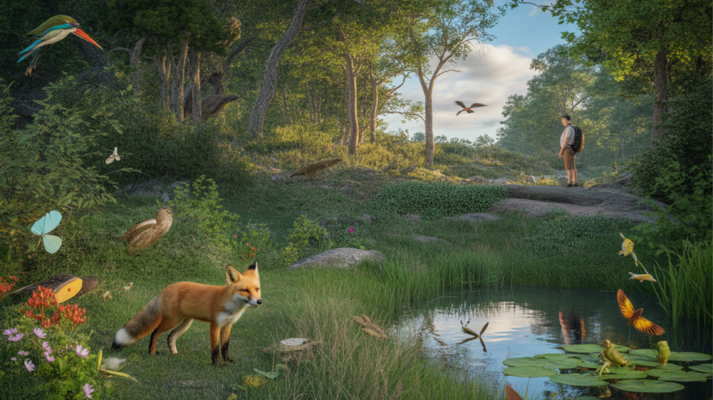 Scène naturelle réaliste montrant la biodiversité avec animaux, oiseaux, insectes, forêt et point d’eau au lever du soleil.