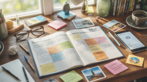 Scène réaliste d’un bureau ensoleillé avec un calendrier 2026 annoté et des objets du quotidien pour évoquer les journées mondiales.