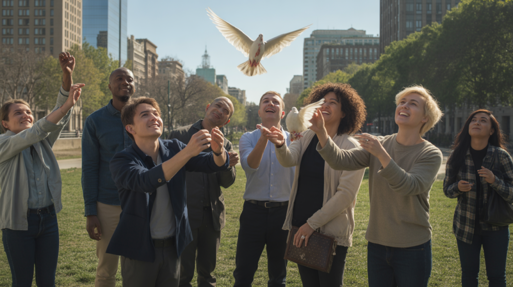 Groupe de personnes diverses dans un parc urbain ensoleillé relâchant des colombes blanches pour symboliser la paix, avec des bâtiments réels en arrière-plan et une scène naturelle et authentique.